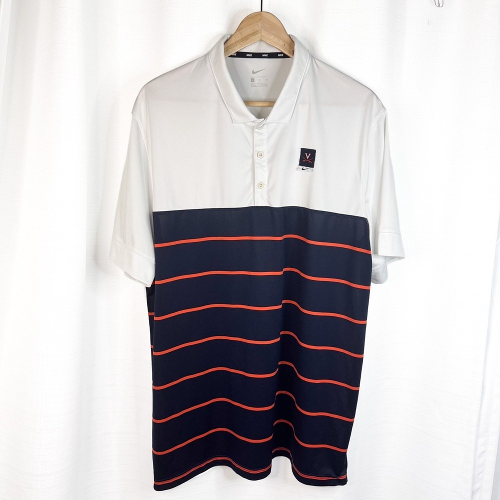 Nike UVA Virginia Cavaliers Polo Shirt Men's XL White Navy Orange Striped Golf